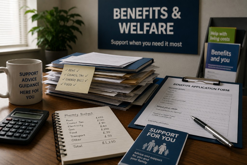 Benefits and welfare advice desk with application forms, budget notes and support materials
