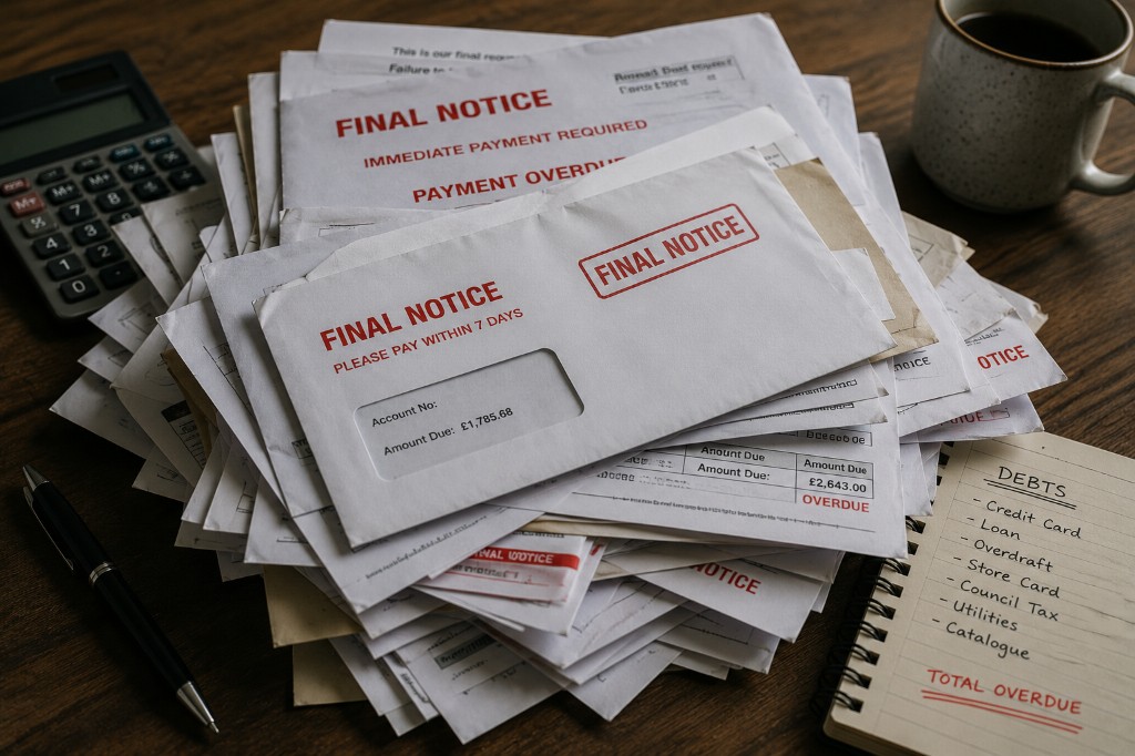 Stack of final notice debt letters and a handwritten list of overdue payments on a desk