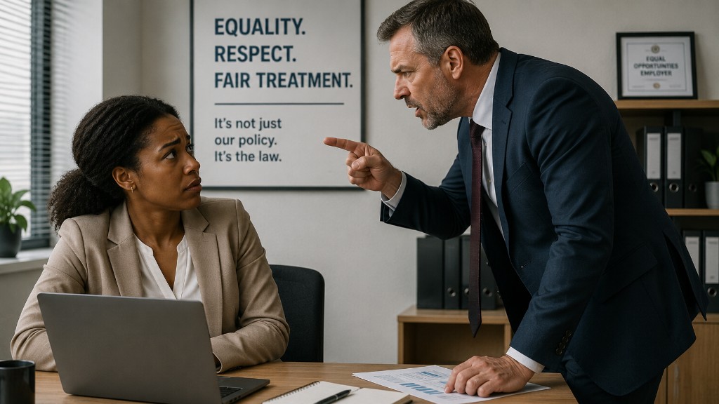 Manager shouting at an employee in an office with equality and fair treatment posters on the wall