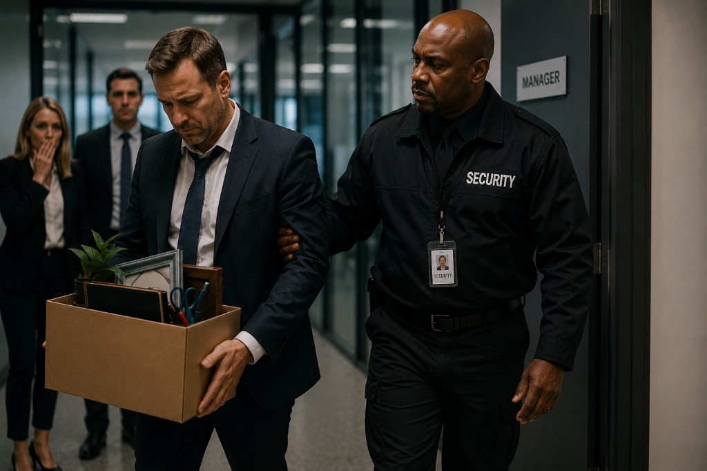 Employee being escorted from the workplace with personal belongings after dismissal