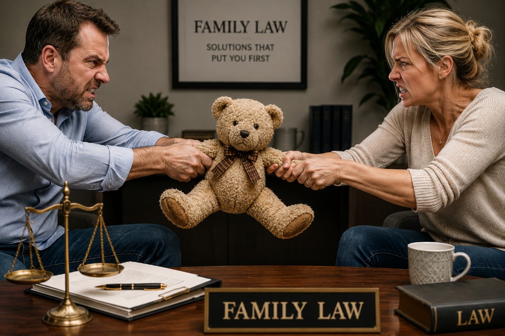 Couple in a family law dispute over child custody, with legal documents and scales of justice on the desk