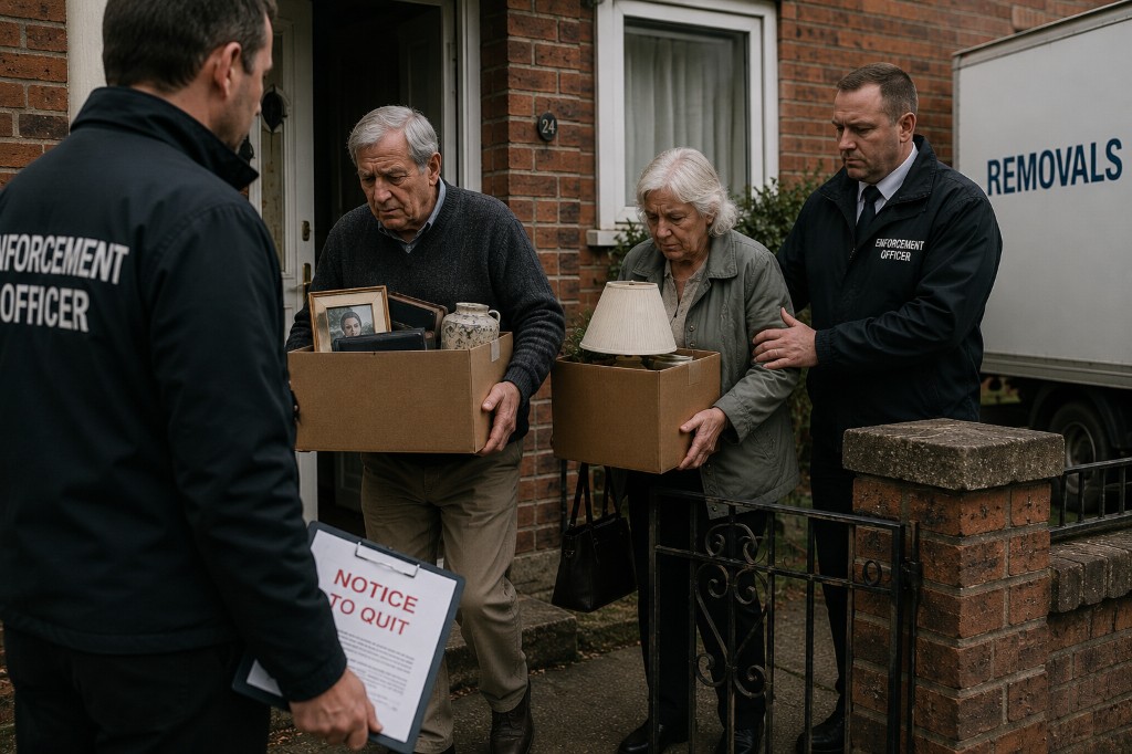 Elderly couple leaving their home with belongings during an eviction enforcement