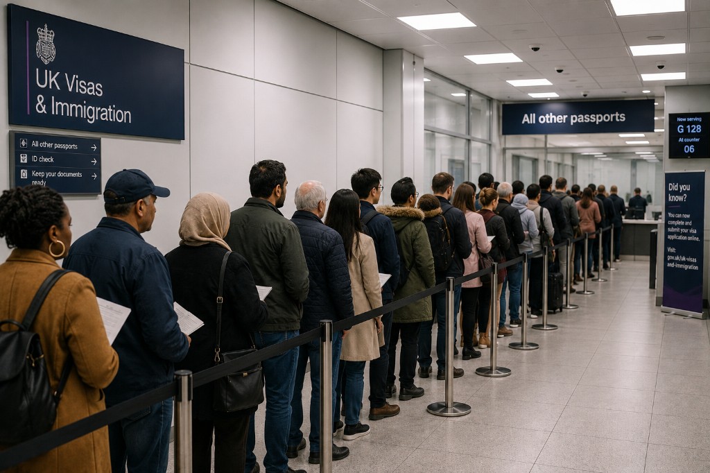 People waiting in a queue at a UK Visas and Immigration office with documents in hand