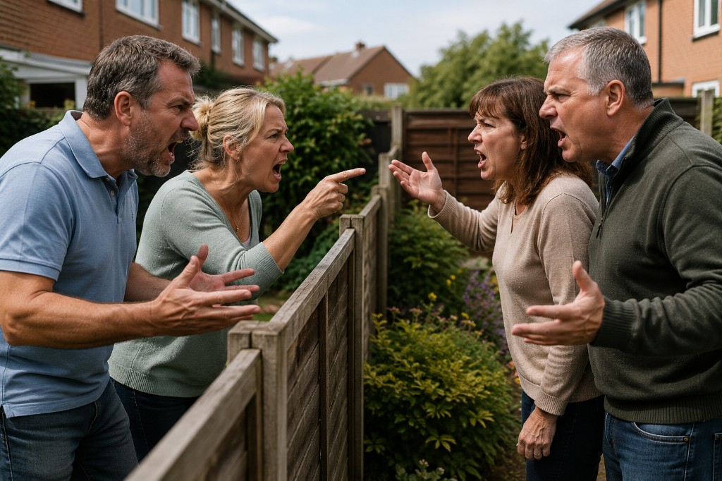 Two neighbouring couples arguing over a garden fence in a residential street